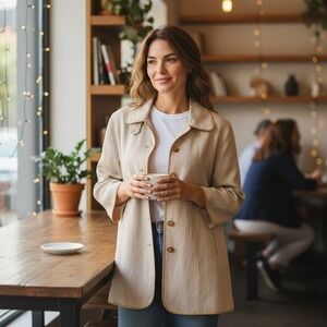 Doncaster Women's Classic Beige Linen Blend Button-Up Coat‎ with Leather Trim -S
